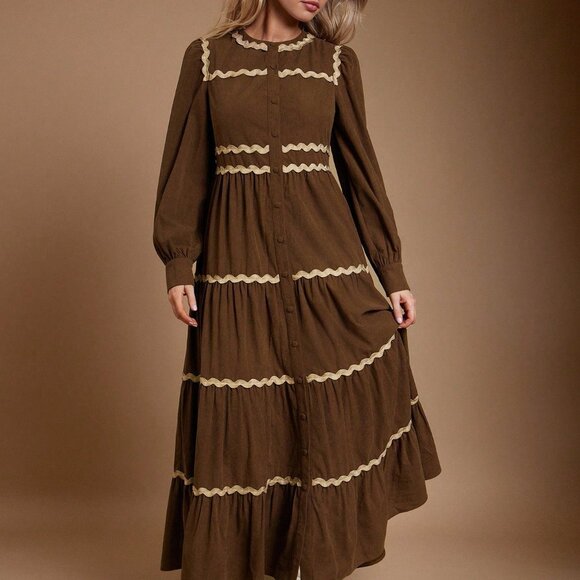 Brown Casual Women's Contrast Trim Crewneck Button Front Corduroy Maxi Dress - Picture 3 of 6